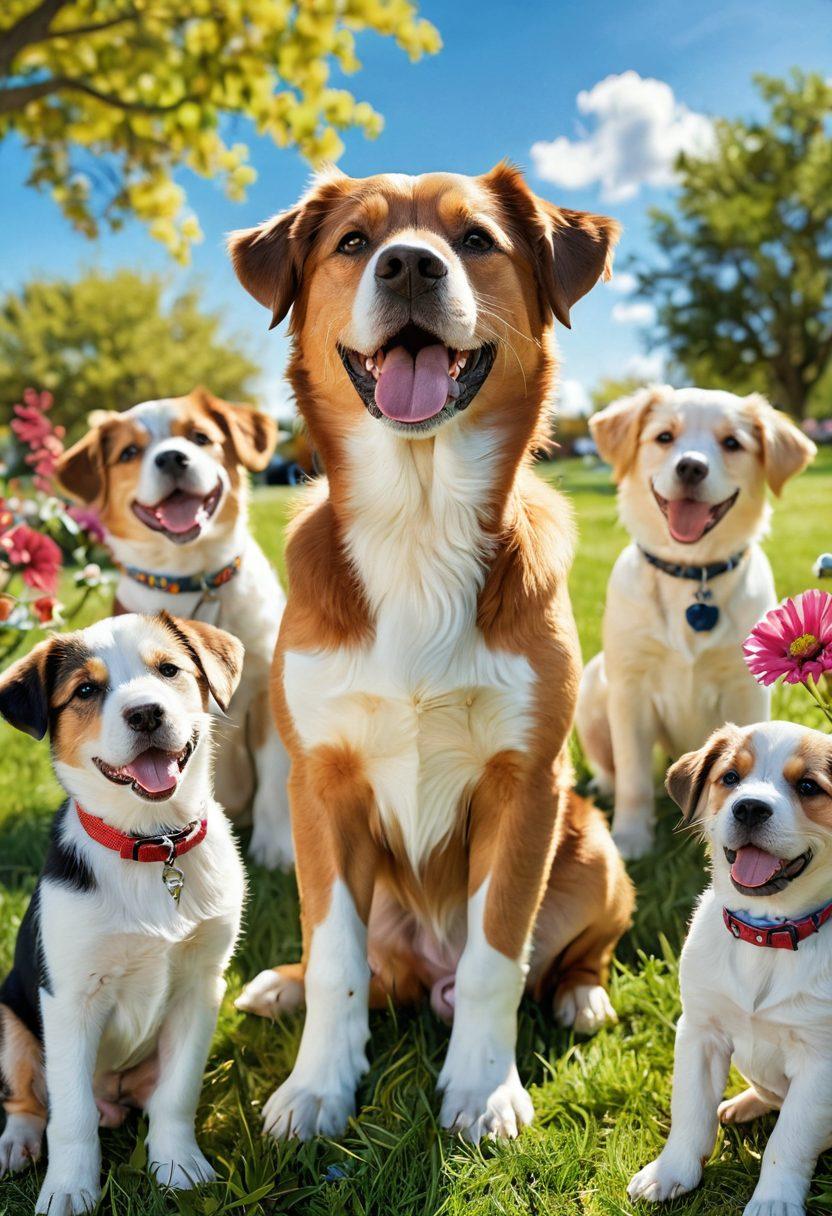 A cheerful dog with a wagging tail, surrounded by playful puppies in a sunny park, capturing the joy of canine companionship. Include vibrant flowers in the background and a soft blue sky. Show a close-up of the dog's smiling face, conveying happiness and warmth. super-realistic. vibrant colors. 3D.