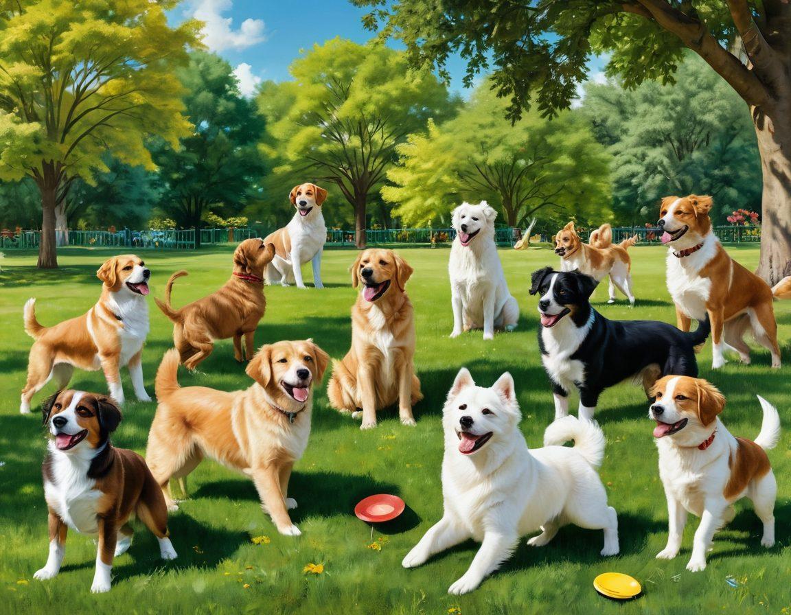 A joyful scene featuring an array of delightful dog breeds playing together in a sunny park, with wagging tails and happy expressions. Include playful puppies frolicking around, some chasing a frisbee, while others are lounging on the grass. Incorporate lush green trees and colorful flowers in the background, creating a warm and inviting atmosphere. This whimsical and heartwarming image should radiate happiness and joy, capturing the essence of canine companionship. vibrant colors. super-realistic. playful style.