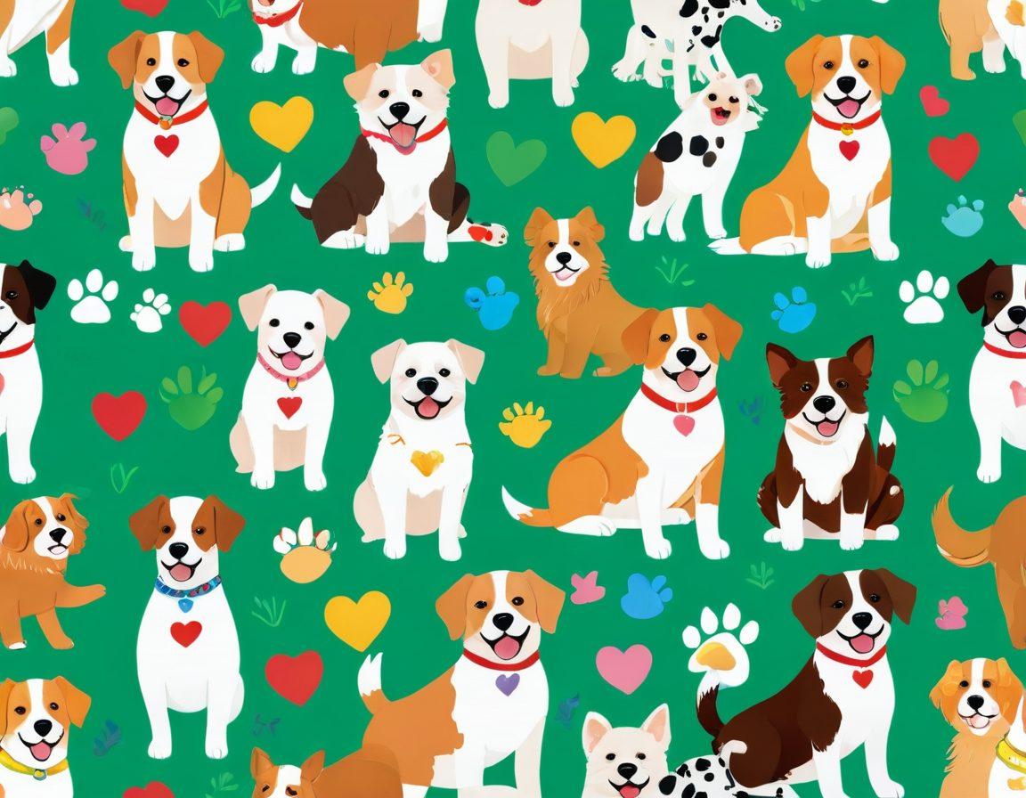 A collage of adorable dogs in playful poses, showcasing various breeds with bright, cheerful expressions. Surround them with colorful paw prints and hearts to enhance the joyful theme. Include a sunny park setting in the background, with green grass and blooming flowers. The overall vibe should radiate positivity and charm. vibrant colors. playful style. cheerful atmosphere.